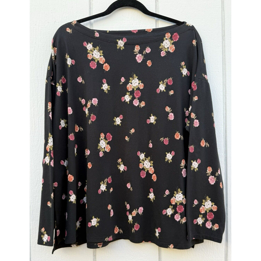 J.JILL Luxe Supima Boat-Neck Tee Top Black Floral Pullover Long Sleeve‎ Sz 2X